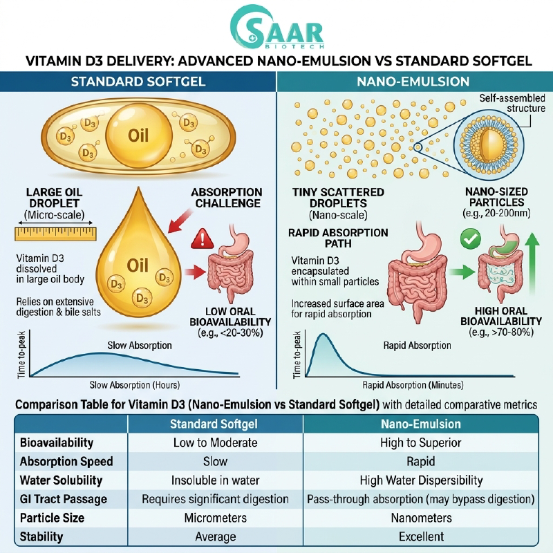 Infographic comparing Nano-Emulsion vs Standard Softgel for Vitamin D3