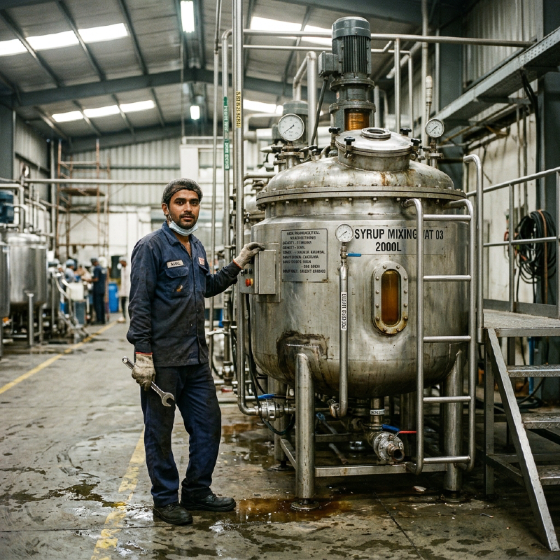 Syrup Mixing Vat and Worker