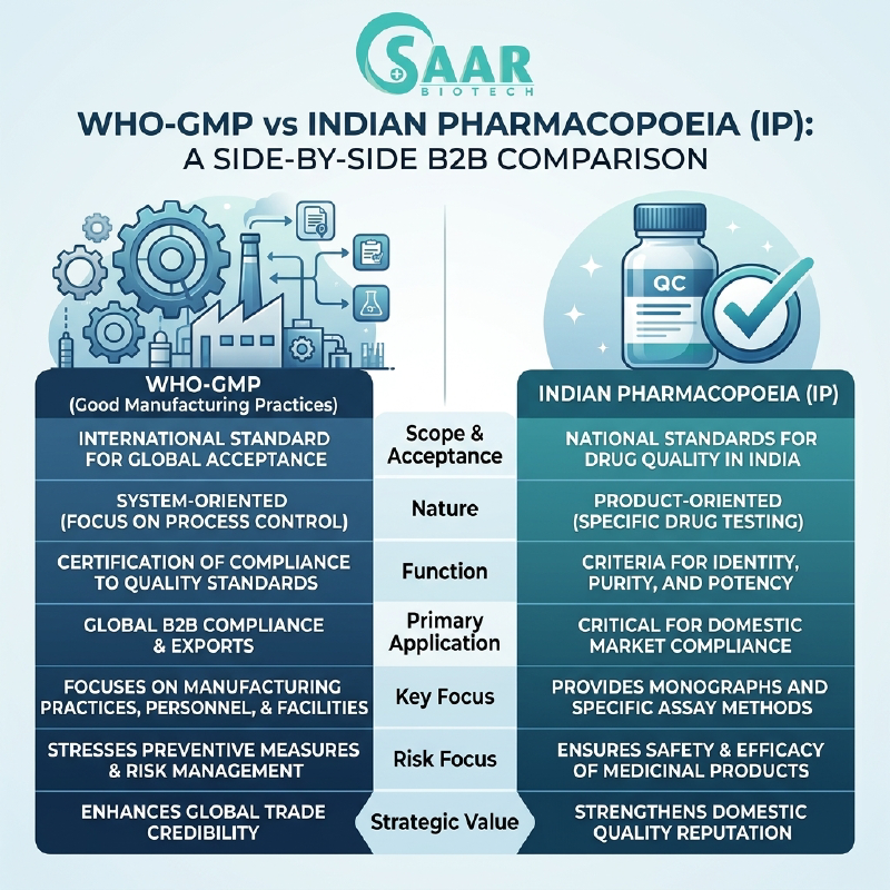 Infographic comparing WHO-GMP vs Indian Pharmacopoeia standards